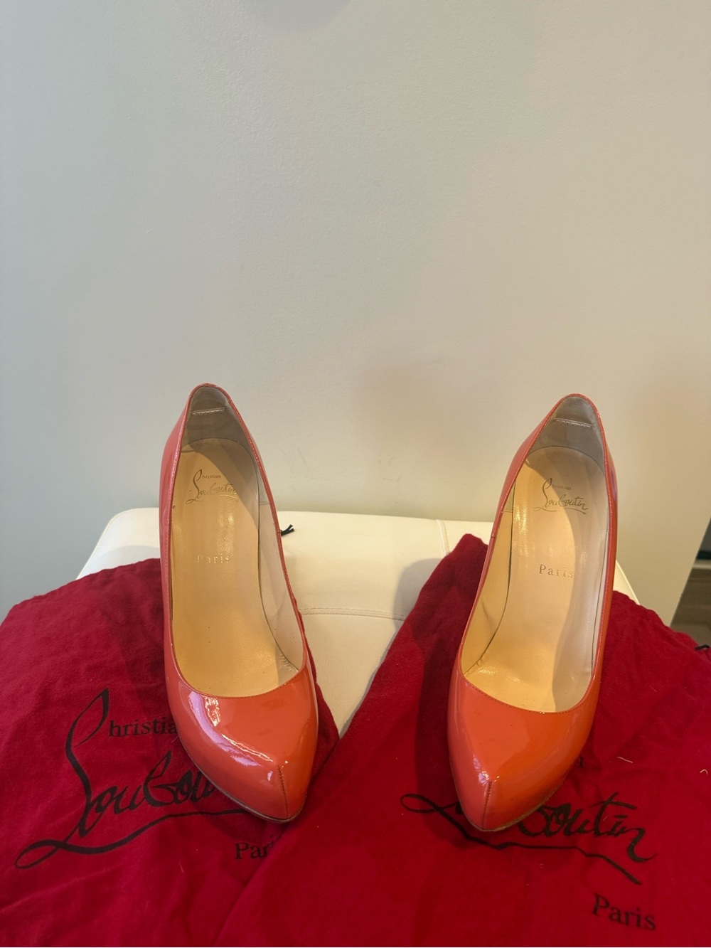 Christian Louboutin Coral-Orange Patent Leather Pointed-Toe Pumps
